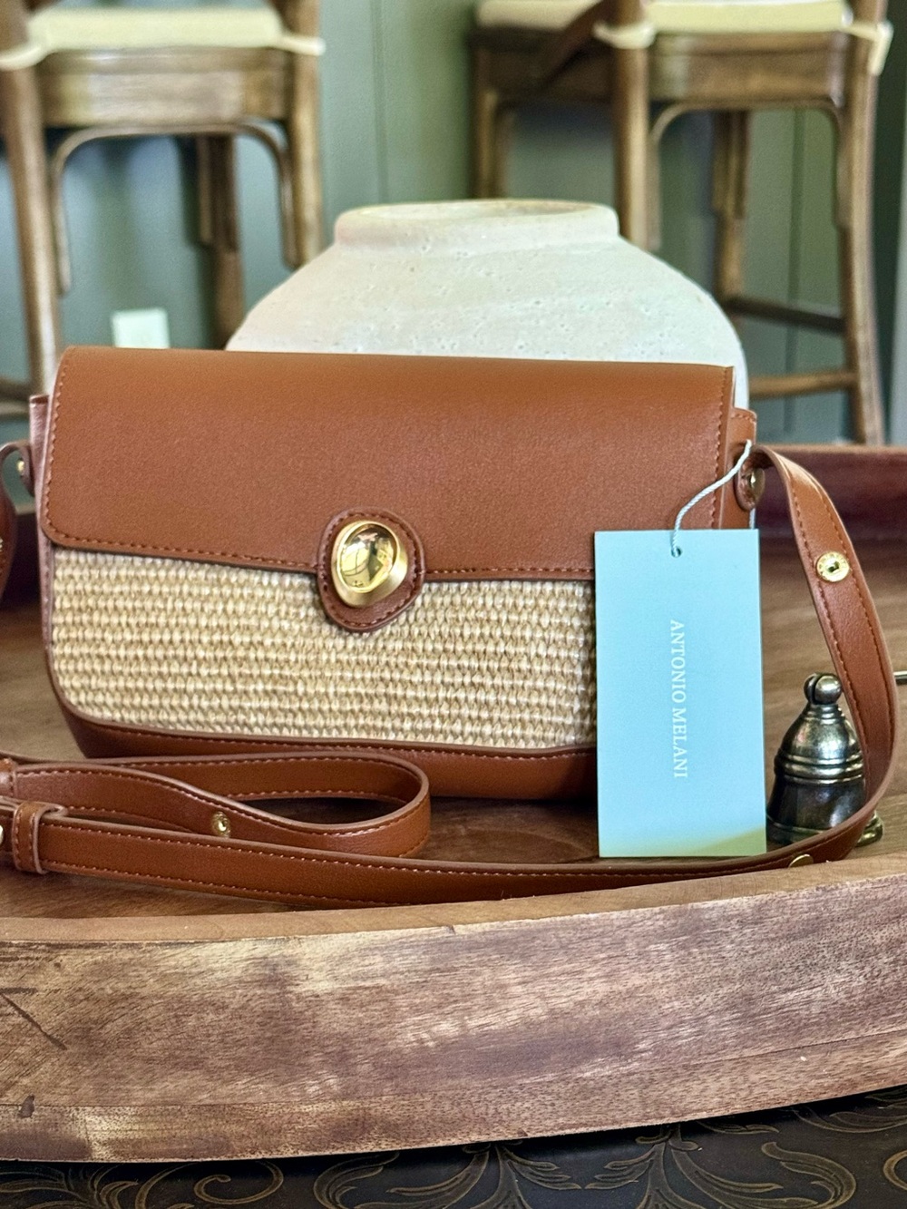 Brand New Antonio Melani Paolo Straw Shoulder Bag - Cognac